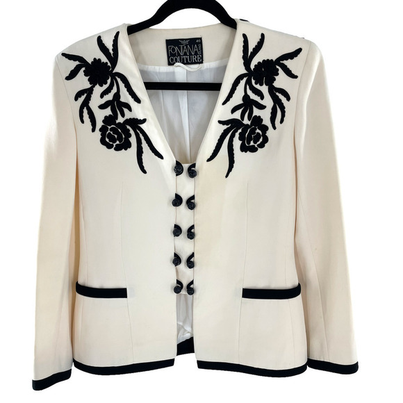 BEAUTIFUL VINTAGE FONTANA COUTURE OFF WHITE BLAZER WITH BLACK EMBROIDEREY - Picture 1 of 5